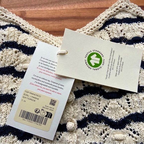 NEW! Sézane Francisco Organic Cotton Crochet Knit Button Sweater Tank Top Size M - Picture 7 of 9
